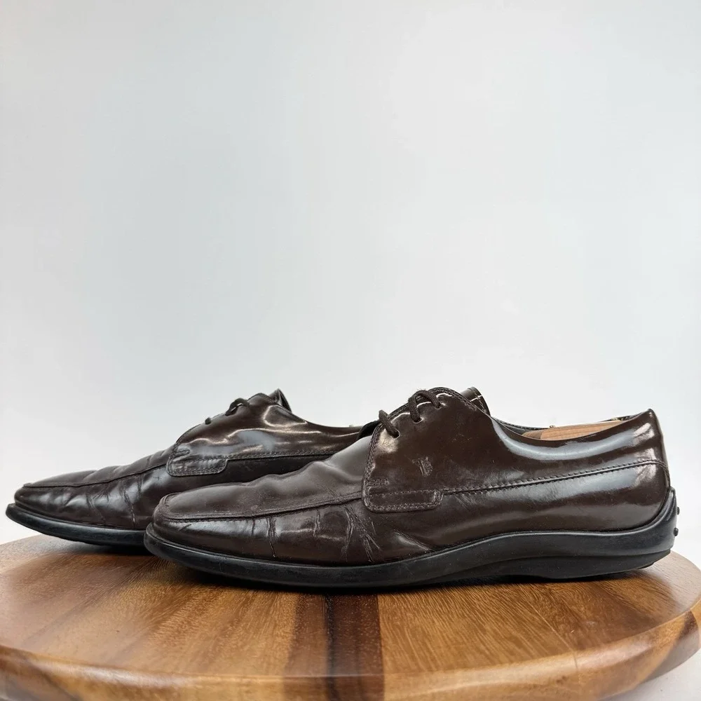 Mens Tod's Brown‎ Patent Leather Casual Comfort Lace Up Driving Shoes Size 8 D